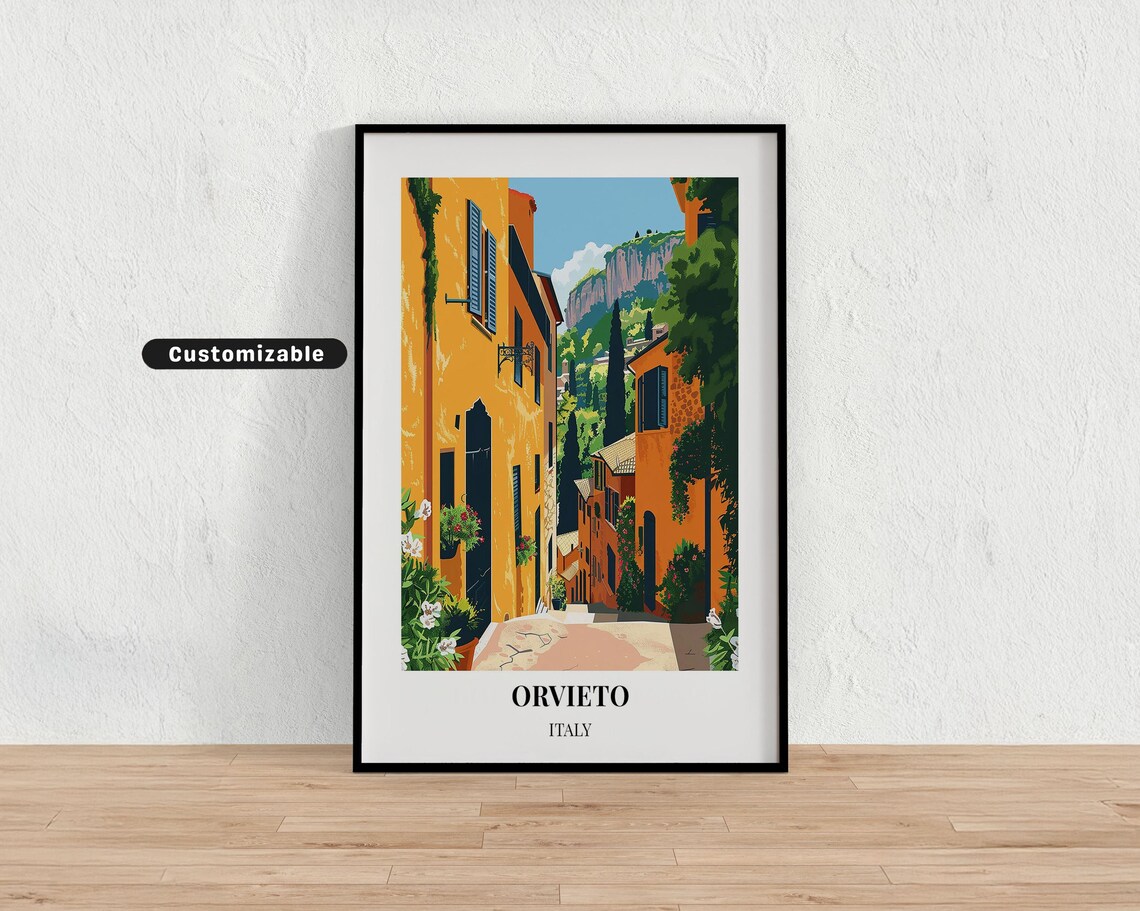Orvieto Italy Travel Poster Sunlit Yellow Street Cliff Town Custom Art