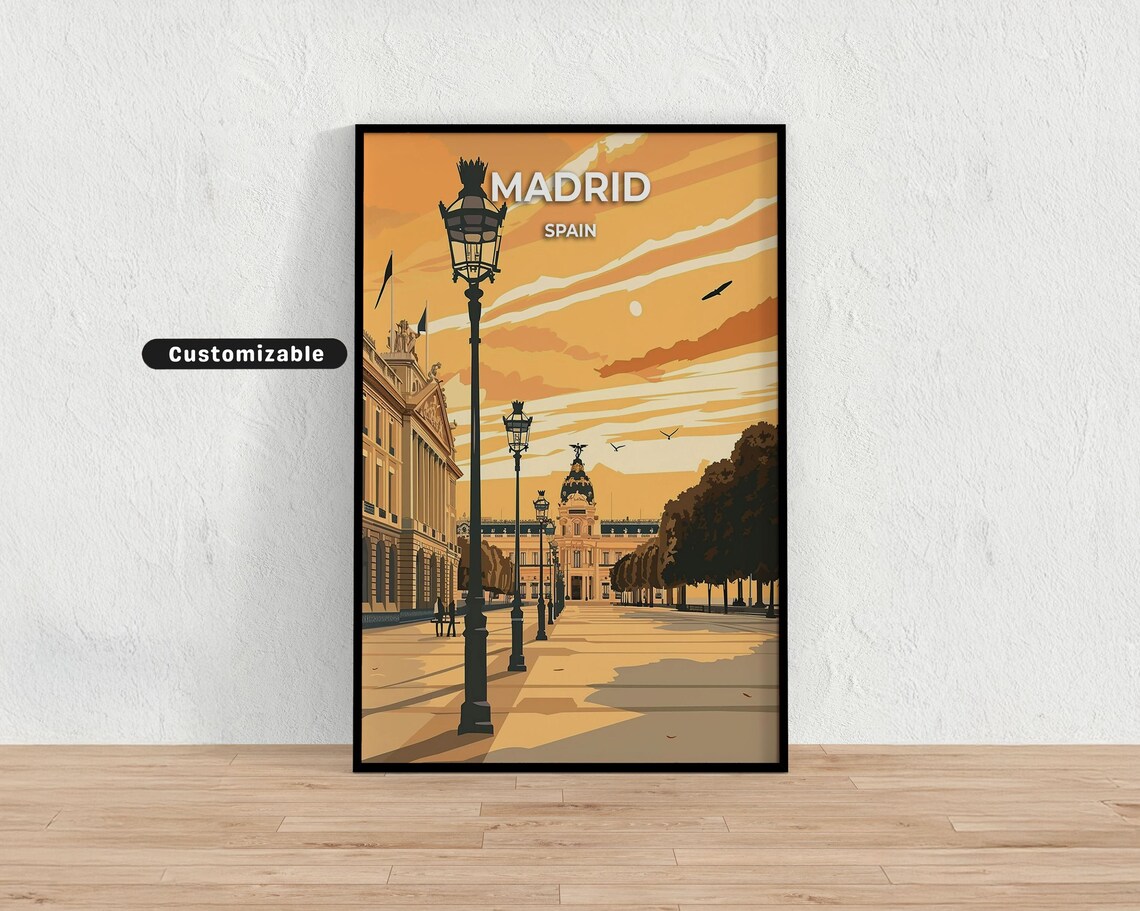 Madrid Spain Golden Sunset Street Lamps Vintage Travel Poster