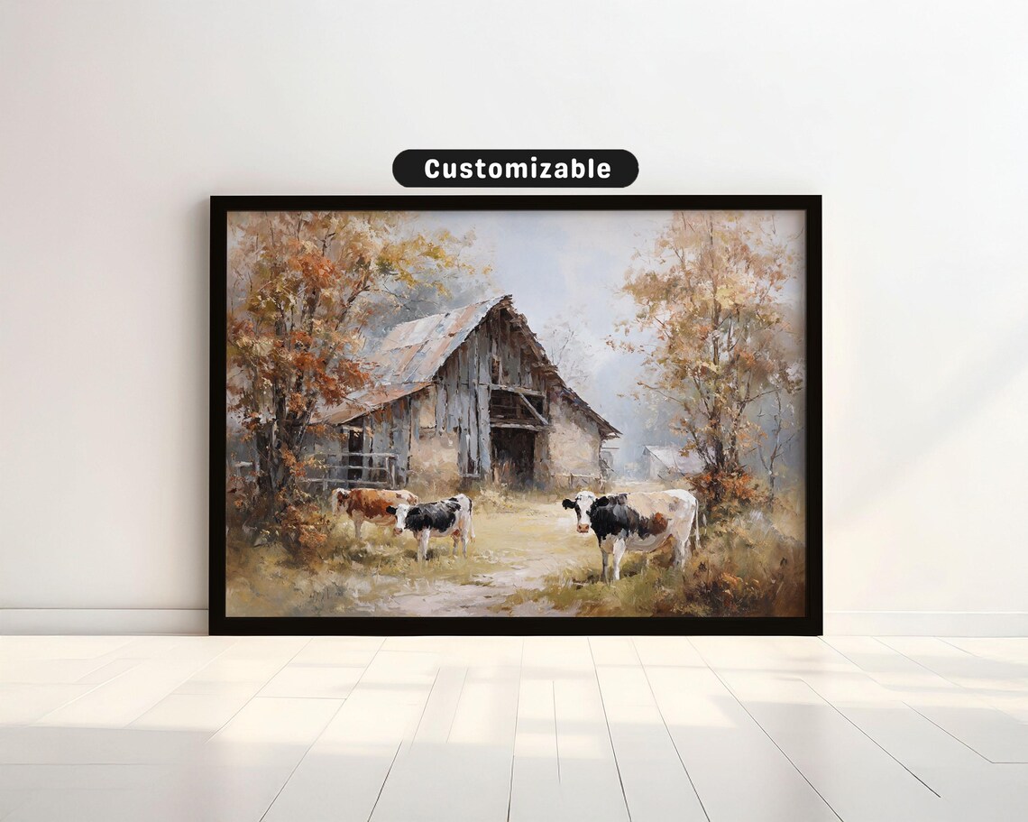 Rustic Wooden Barn With Cows Farm Oil Painting Style Art Poster