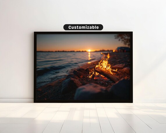 Beach Campfire At Sunset With Ocean Waves Warm Glow Coastal Photo Poster