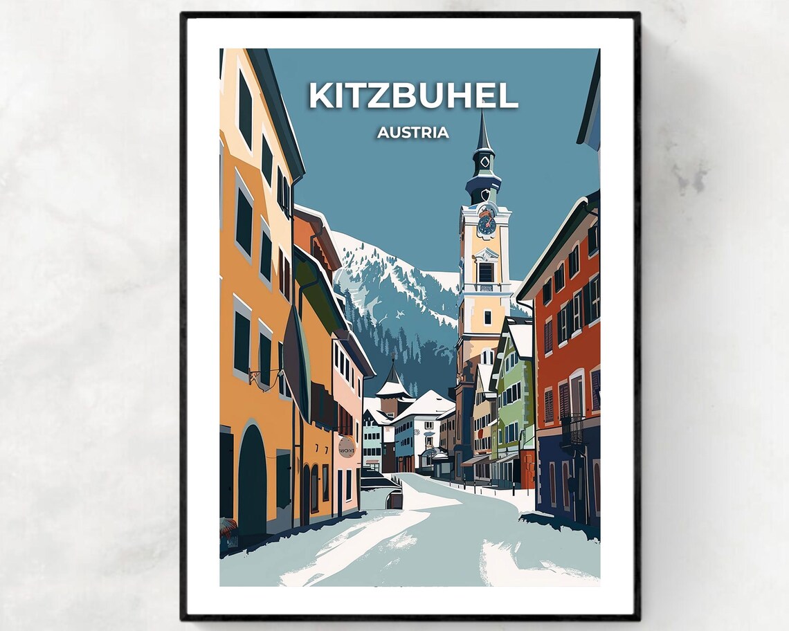 Kitzbuhel Austria Snowy Old Town Street Winter Illustration Poster