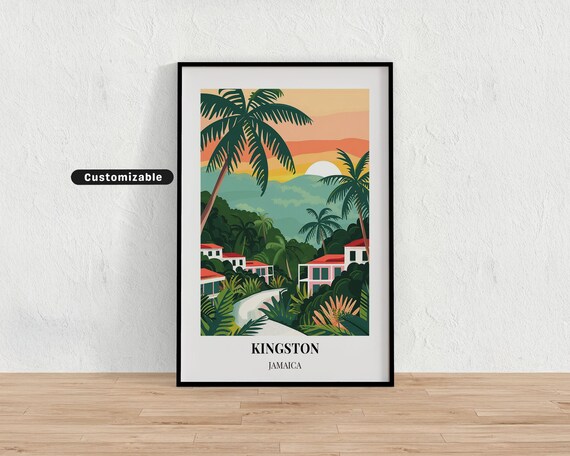 Kingston Jamaica Sunset Harbor Travel Poster Palm Villa Scene