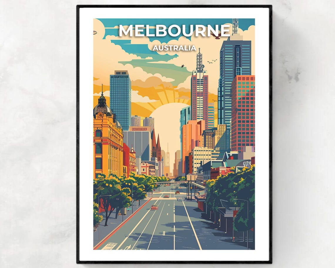 Melbourne Australia City Street Sunset Skyline View Travel Poster