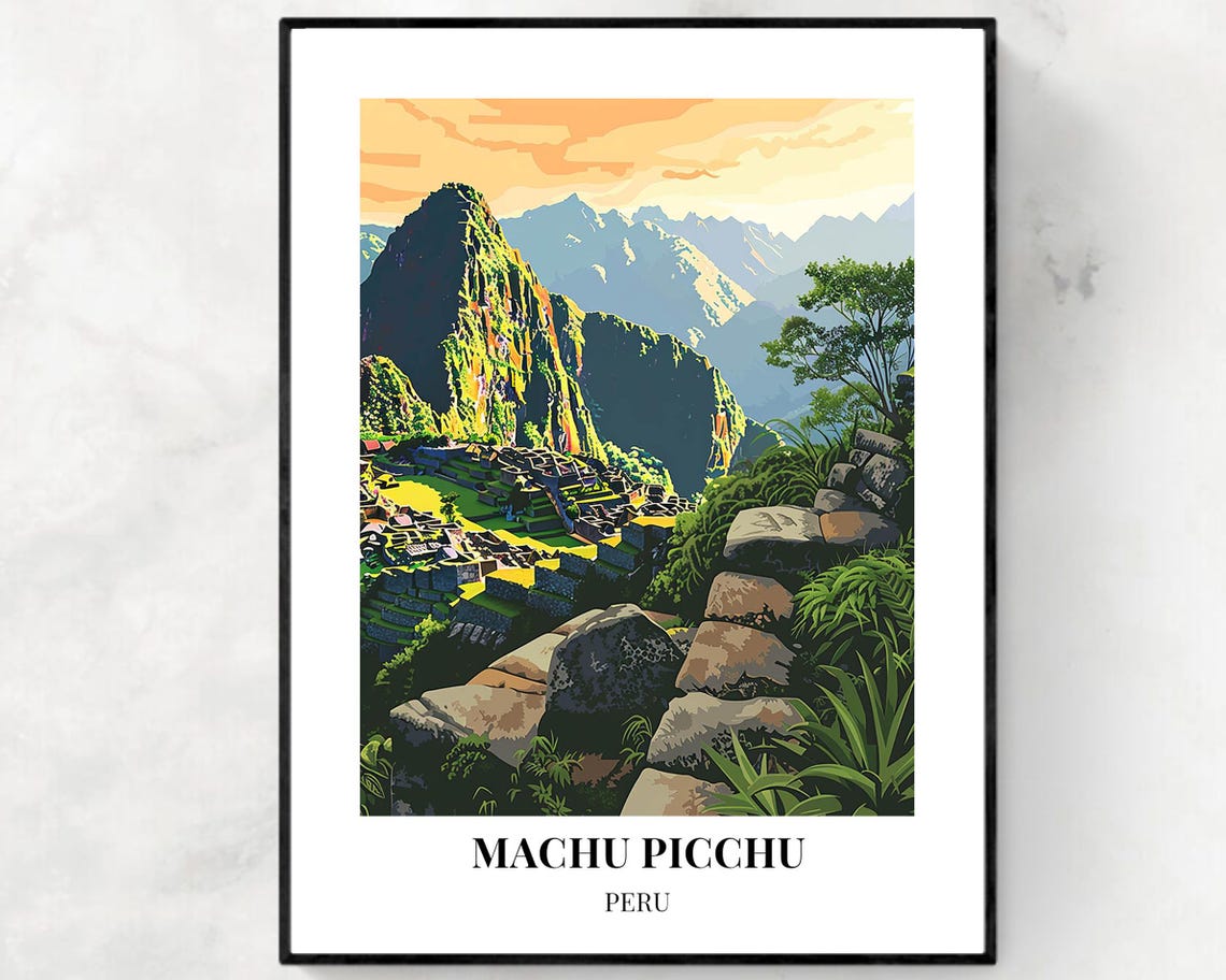 Machu Picchu Golden Sunset Stone Terraces Peru Travel Poster