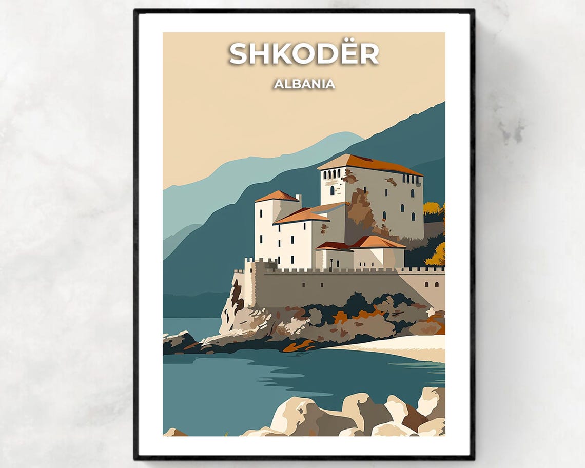 Shkodër Albania Hilltop Fortress Mountains Sea View Travel Poster
