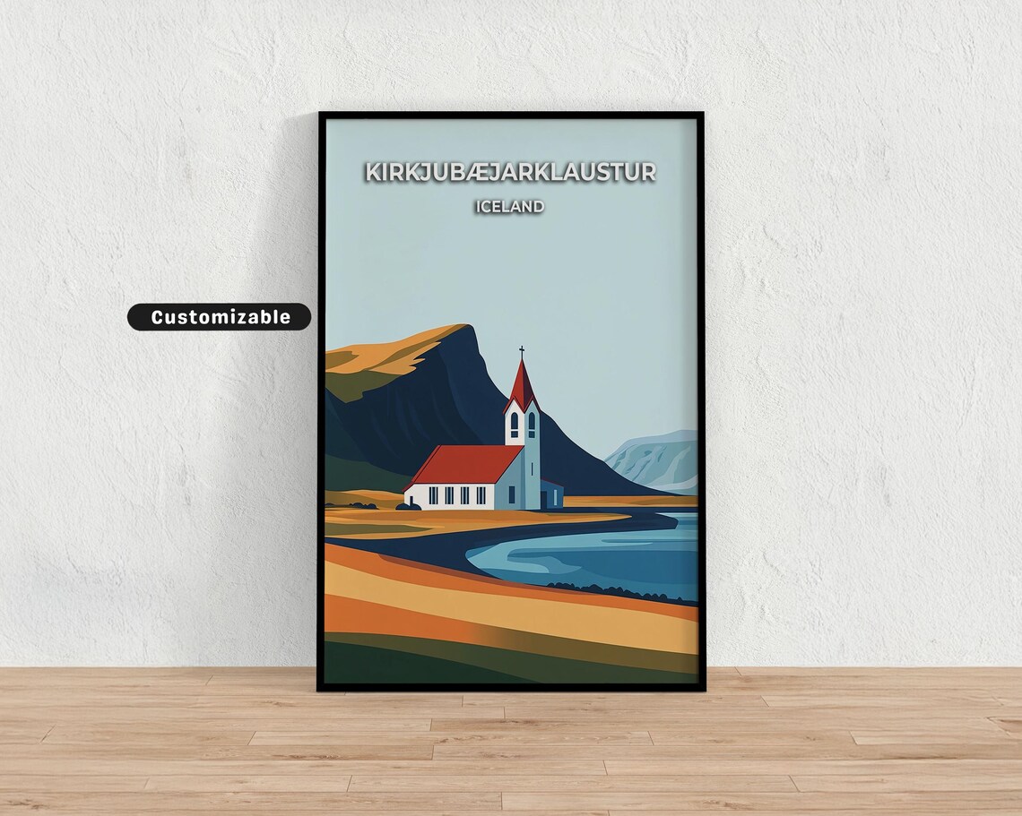 Kirkjubaejarklaustur Iceland Church Lakeside Mountain Travel Poster