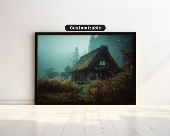 Fog Lifting Over Old Thatched Japanese Farmhouse Wall Art Print Zen Asian Decor