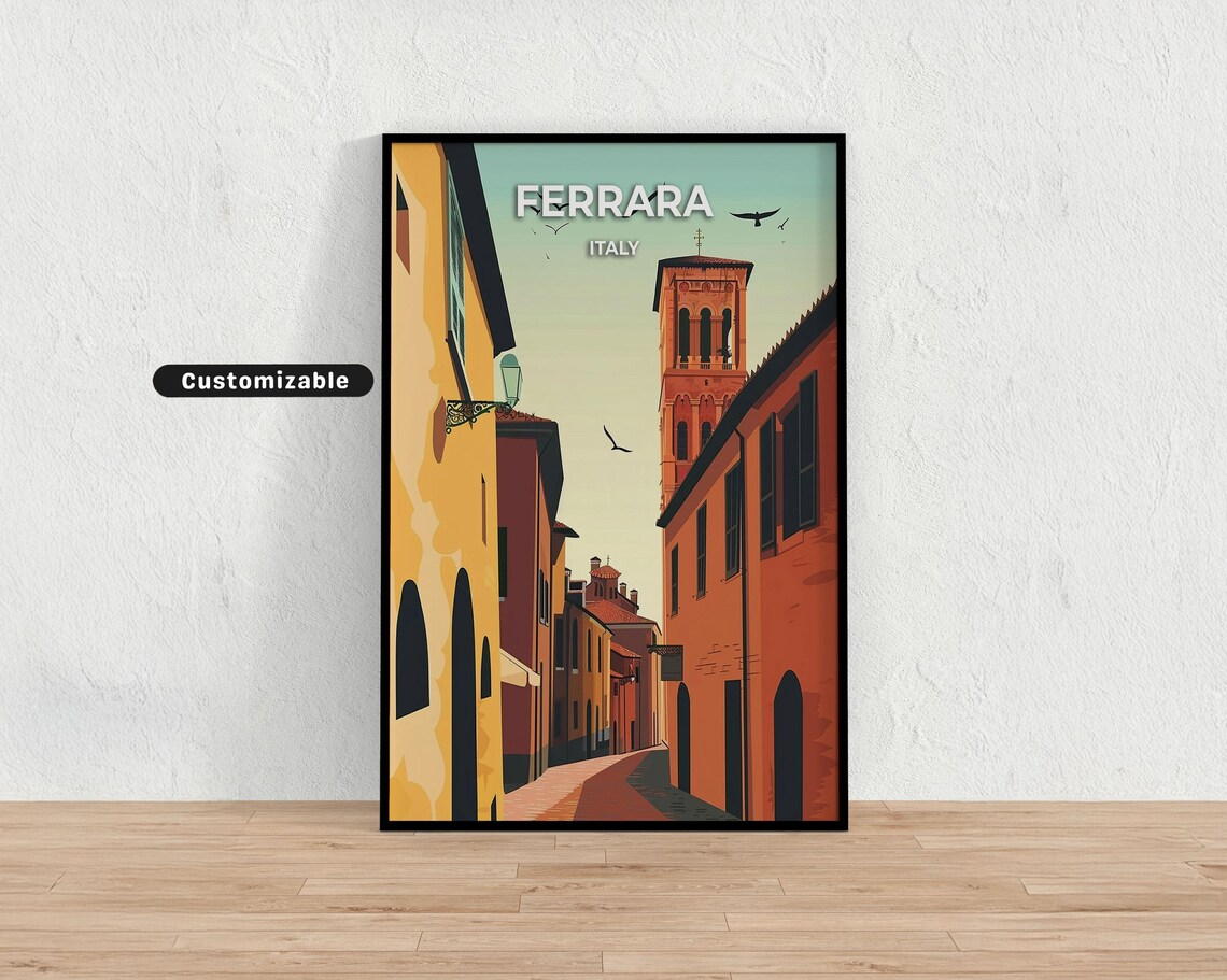 Ferrara Italy Historic Old Town Street Bell Tower Travel Poster