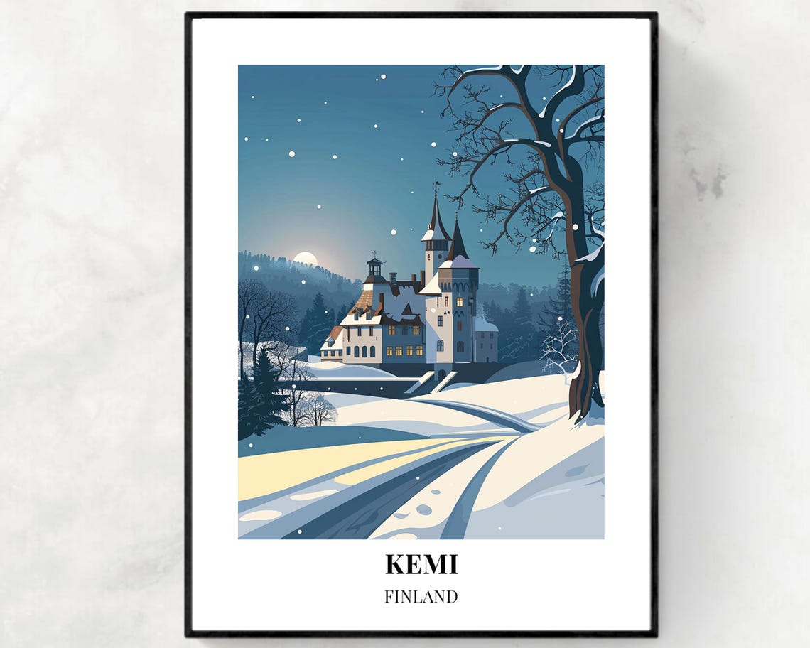 Kemi Finland Moonlit Snow Castle Night Glowing Winter Scene Poster