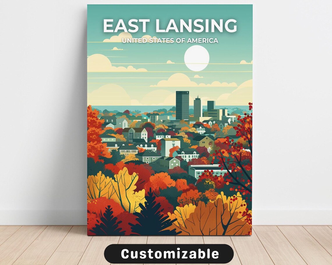 East Lansing Michigan Autumn City Skyline Retro Travel Art Poster