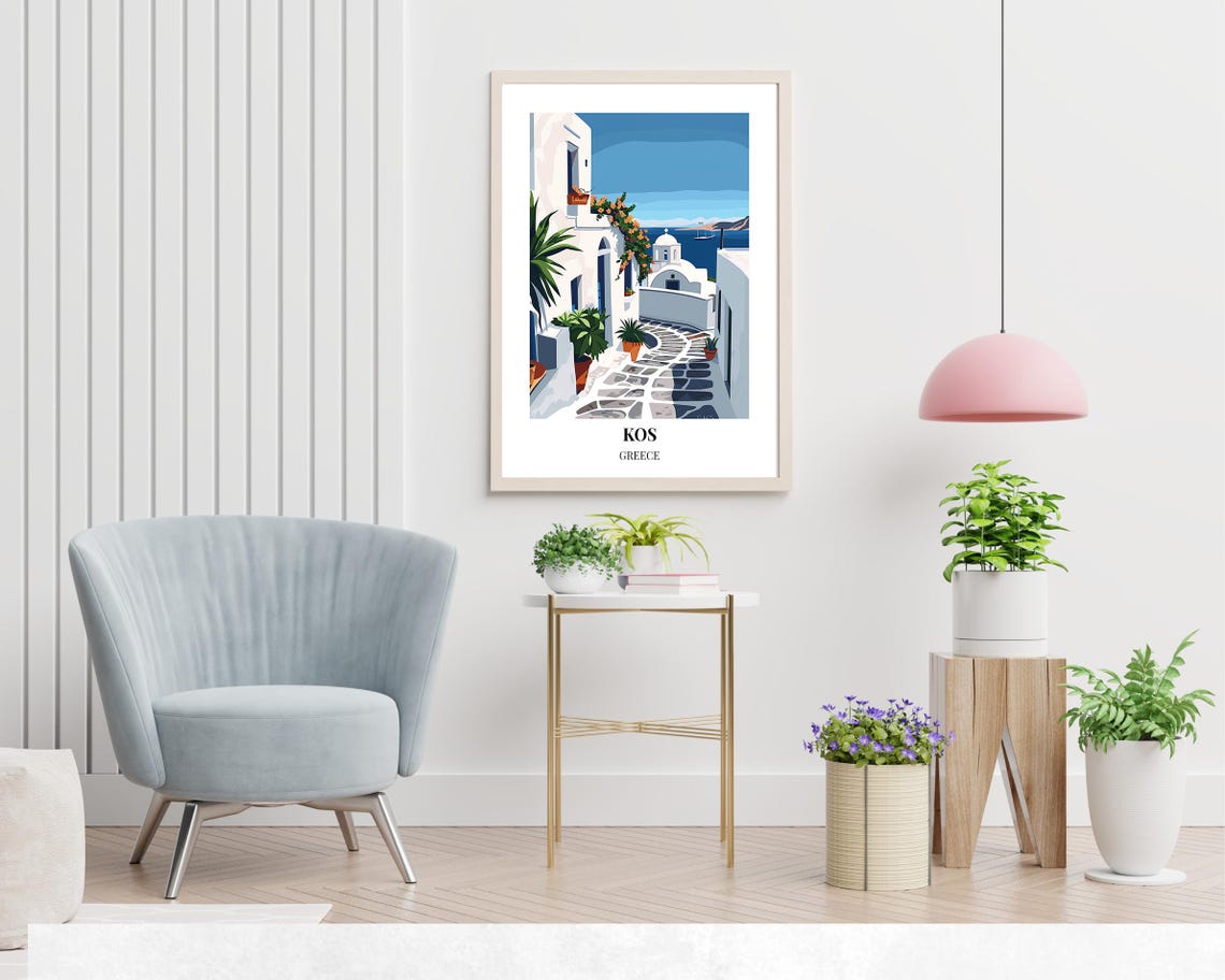 Kos White Alley with Bougainvillea and Sea View Greece Poster - Image 2