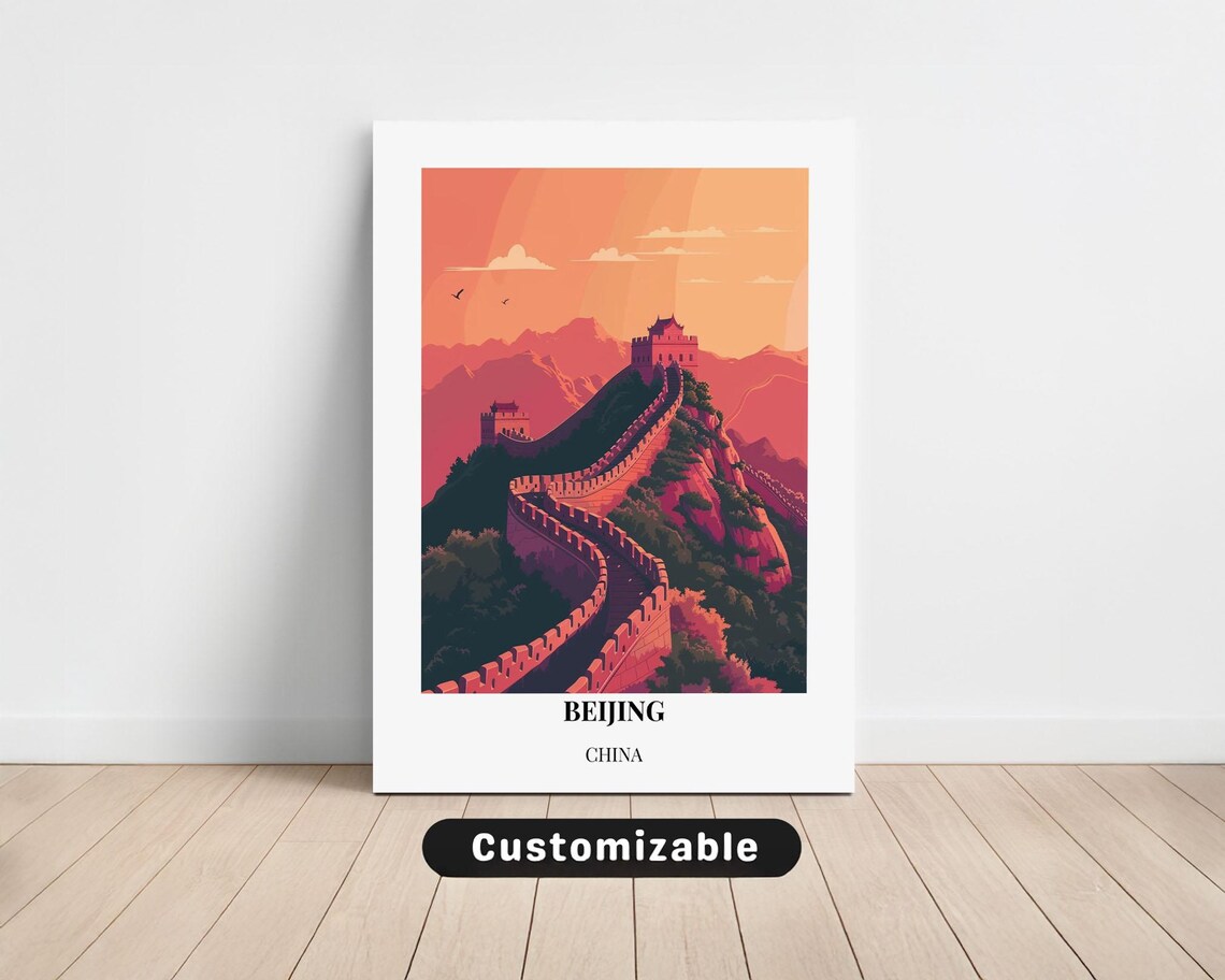 Vibrant Beijing China Great Wall Sunset Coral Tones Travel Poster