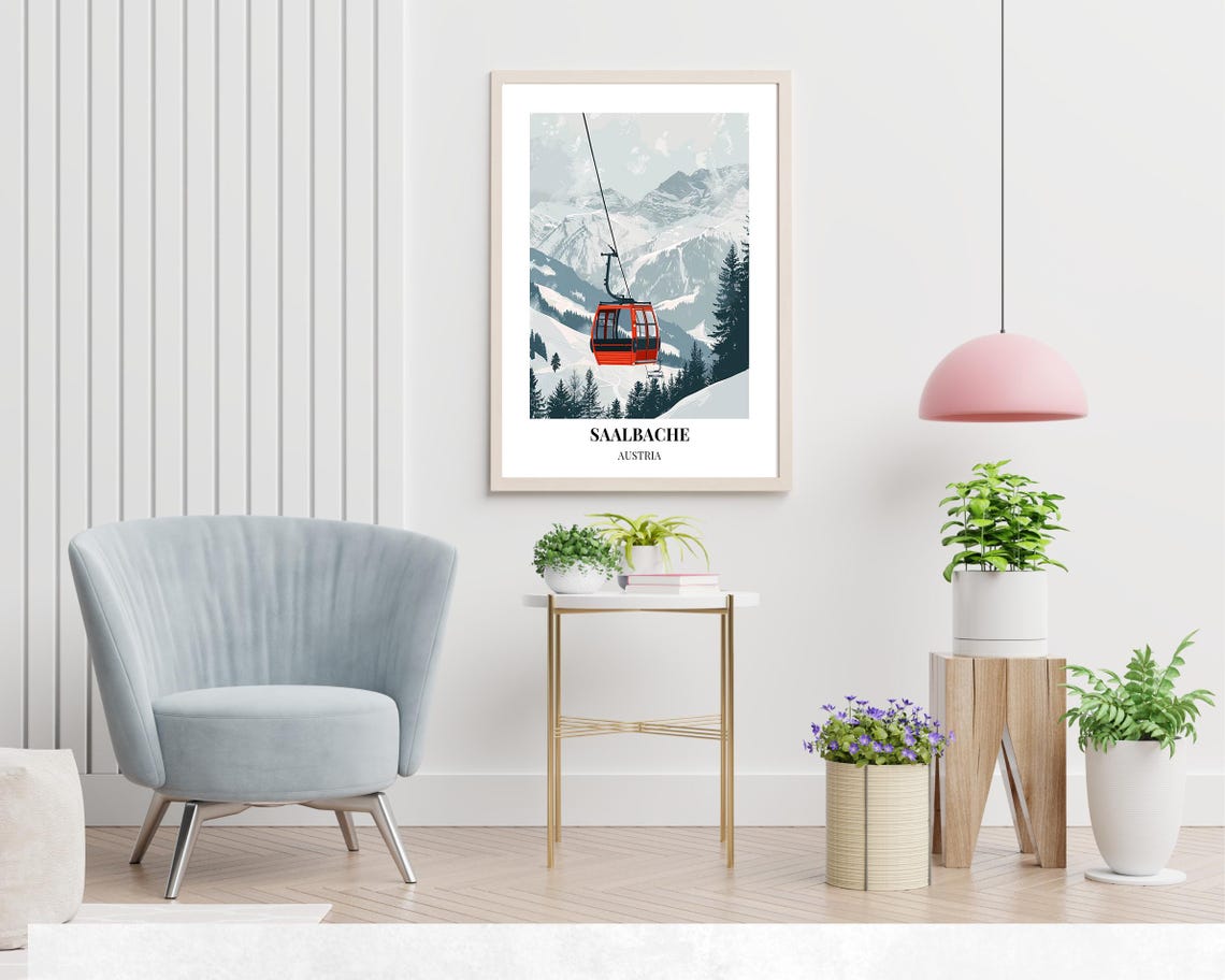 Saalbache Austria Red Cable Car Gondola Winter Resort Poster - Image 2