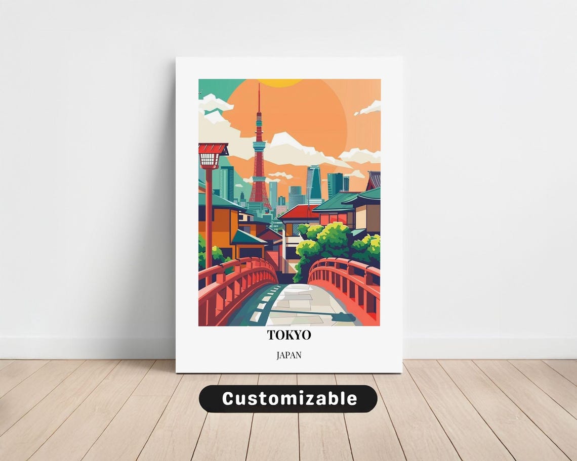 Tokyo Japan Red Bridge Sunset City Skyline Retro Travel Poster