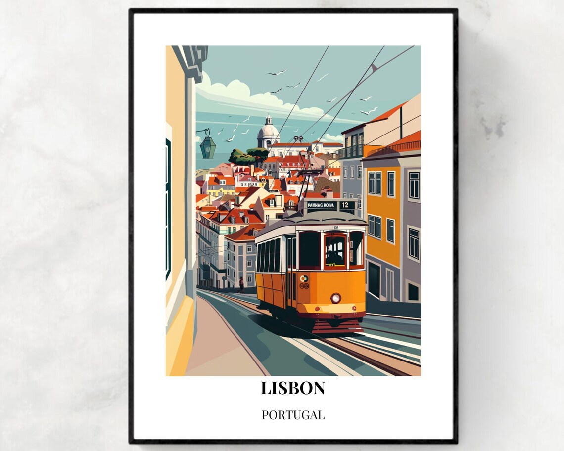 Lisbon Portugal Iconic Yellow Tram Old Town Street Travel Poster