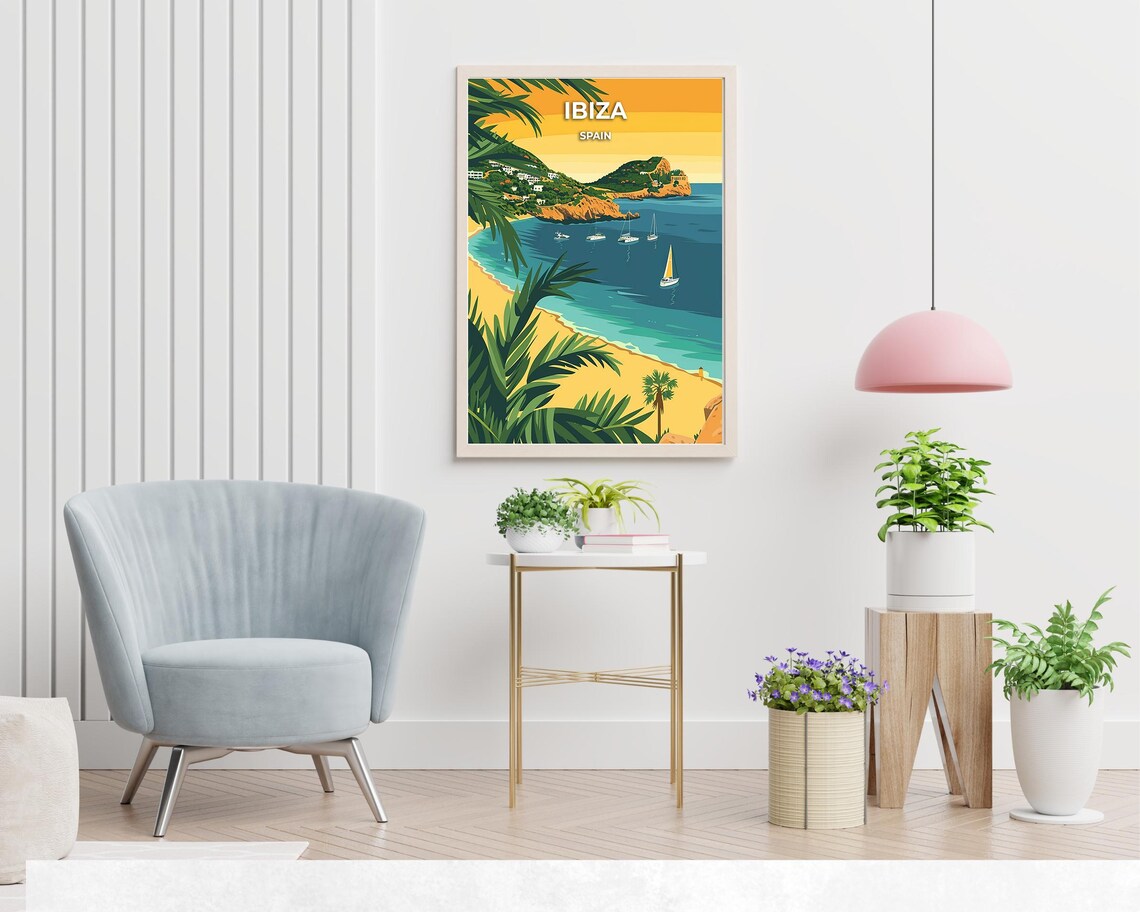 Ibiza Spain Sunset Beach Sailboats and Island Coastline Travel Poster - Image 2