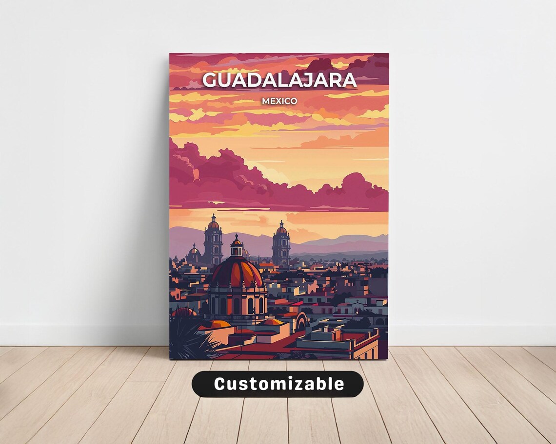 Guadalajara Mexico Sunset Skyline Travel Canvas Art Customizable Poster