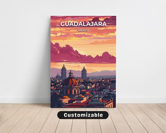 Guadalajara Mexico Sunset Skyline Travel Canvas Art Customizable Poster