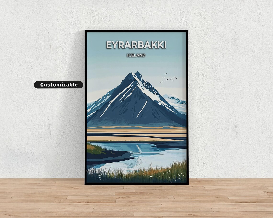 Eyrarbakki Iceland Snowy Mountain Peak Landscape Travel Poster