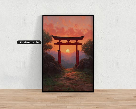 Sunrise Behind Red Torii Gate In Tranquil Mountain Pass Japanese Wall Art Print Zen Asian Decor