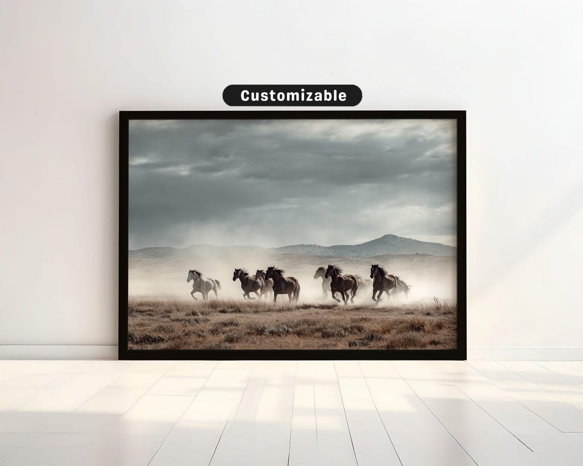 Wild Horses Running Dusty Prairie Stormy Sky Scenic Art Poster