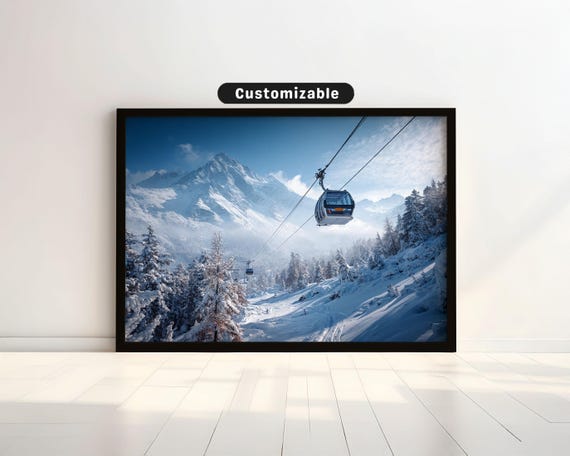 Ski Gondola Rising Over Snowy Mountain Landscape Travel Wall Art Print Scenic Decor