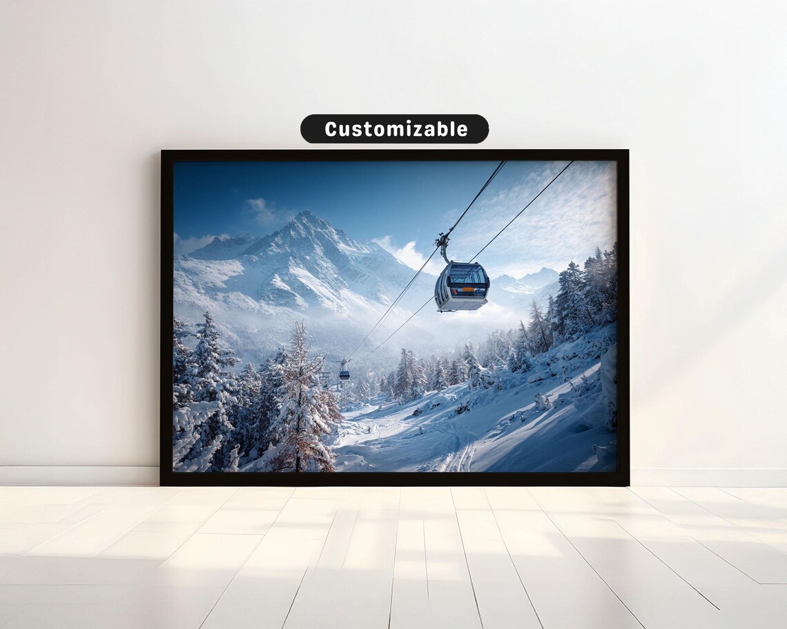 Ski Gondola Rising Over Snowy Alpine Mountain Peaks Winter Poster