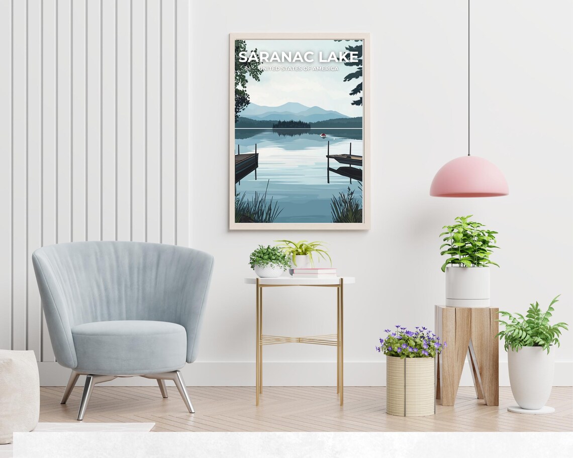 Saranac Lake New York Pine Silhouette Boathouse Vintage Travel Poster - Image 2