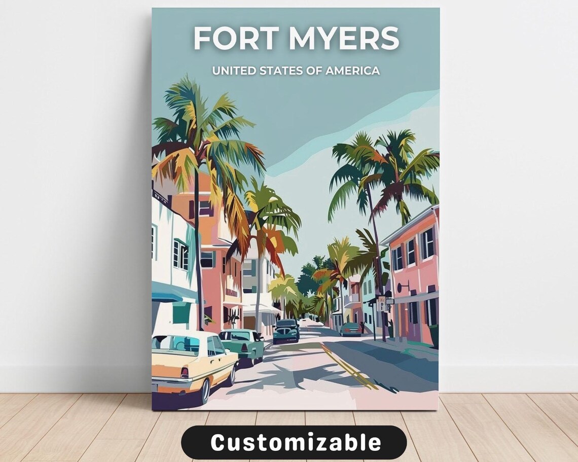 Fort Myers Palm Lined Street Vintage Florida Travel Poster Art