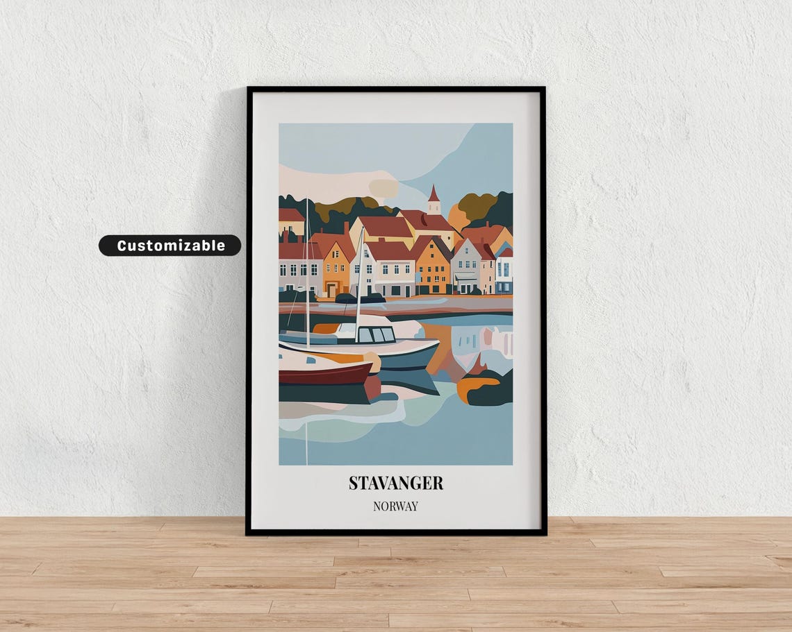 Stavanger Norway Harbor Old Town Boat Pastel Travel Art Poster