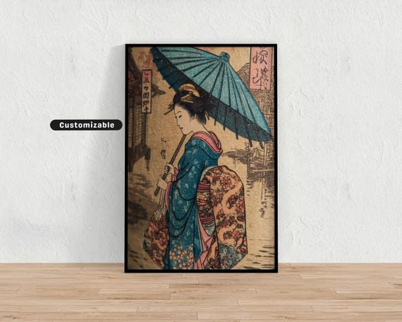 Vintage Woodblock Print Of Geisha Holding Umbrella In The Rain Japanese Wall Art Zen Asian Decor