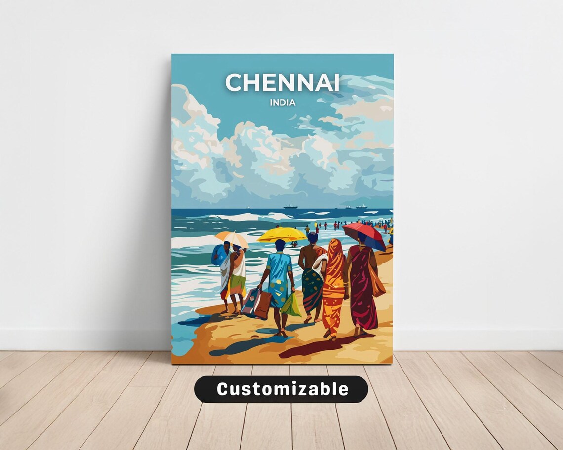 Chennai India Beach Travel Poster Colorful Shoreline Scene Art