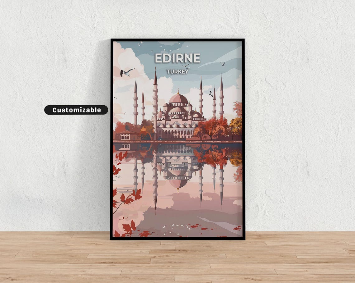 Edirne Turkey Ottoman Mosque Reflection Autumn Travel Poster