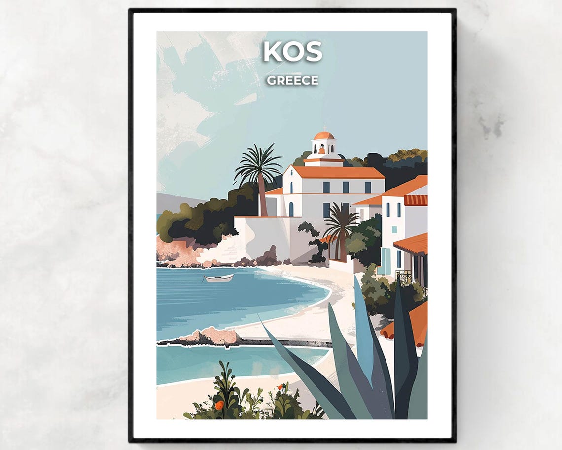 Kos Seaside White Church with Orange Dome by the Cove Greece Poster