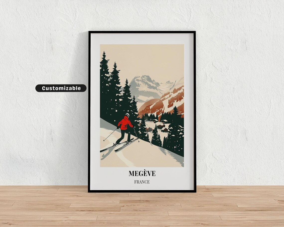 Megeve France Ski Slopes Red Skier Alpine Village Winter Travel Poster