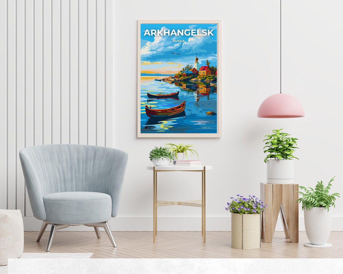 Arkhangelsk Russia Sunrise Harbor Boats And Church Tower Poster - Image 2