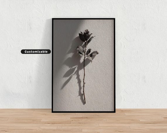 Single Stem Artwork With Realistic Texture And Shadow Minimal Botanical Wall Art Neutral Nature Print
