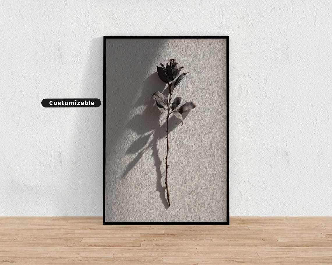 Single Stem Artwork With Realistic Texture And Shadow Minimal Botanical Wall Art Neutral Nature Print