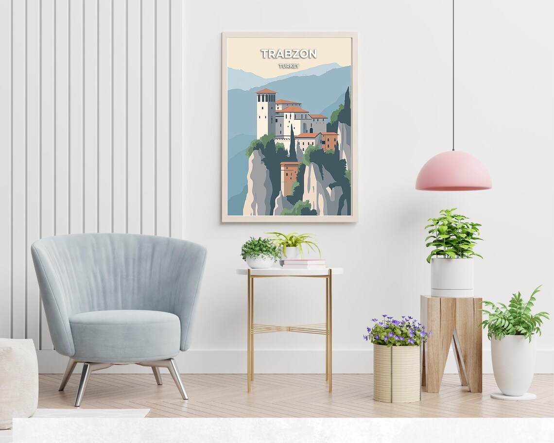 Trabzon Turkey Vintage Cliff Monastery Mountain Minimal Travel Poster - Image 2