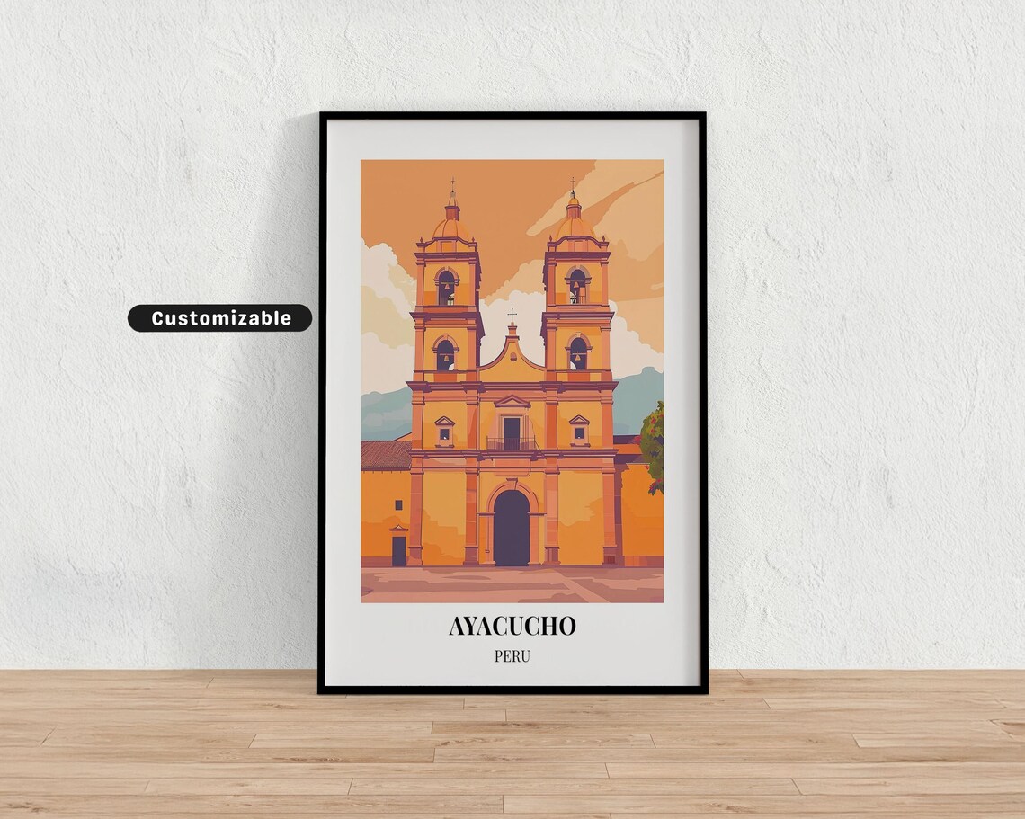 Ayacucho Peru Colonial Church Twin Bell Towers Sunset Custom Travel Poster