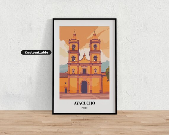 Ayacucho Peru Colonial Church Twin Bell Towers Sunset Custom Travel Poster