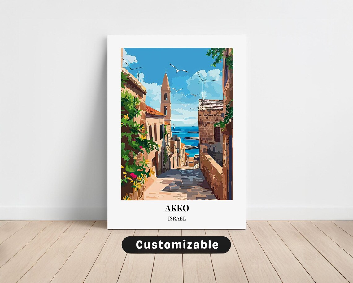 Akko Israel Travel Poster Historic Old City Street And Sea View