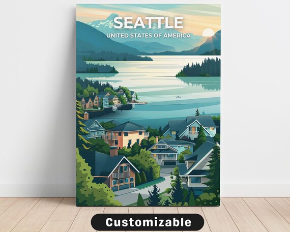 Seattle Lake Houses Mountains Sunset Travel Illustration Poster