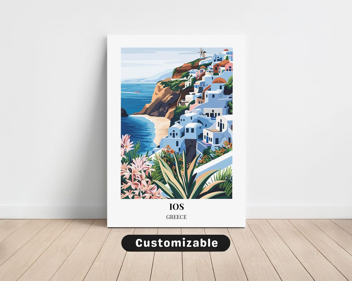 Ios Greece Whitewashed Cliff Village Windmill Island Travel Poster