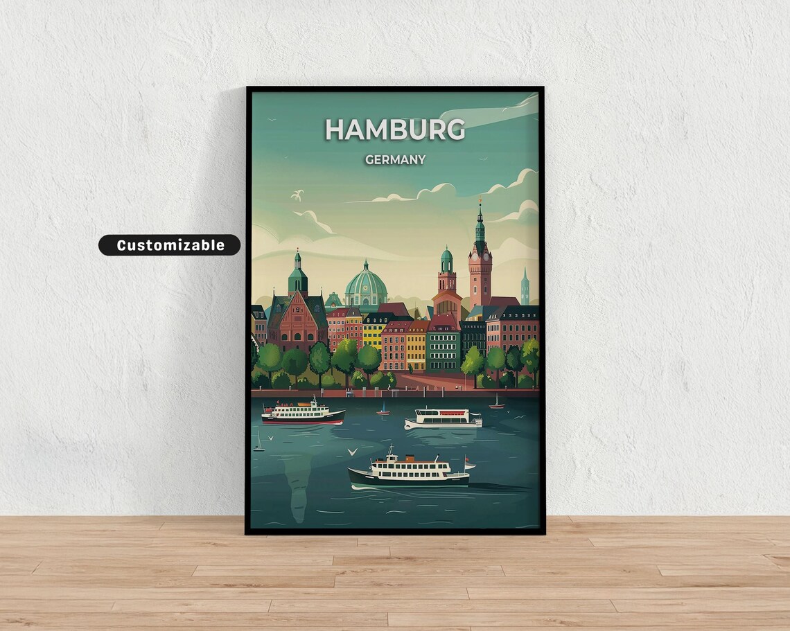 Hamburg Germany Customizable Harbor Travel Poster Ferries Skyline Art