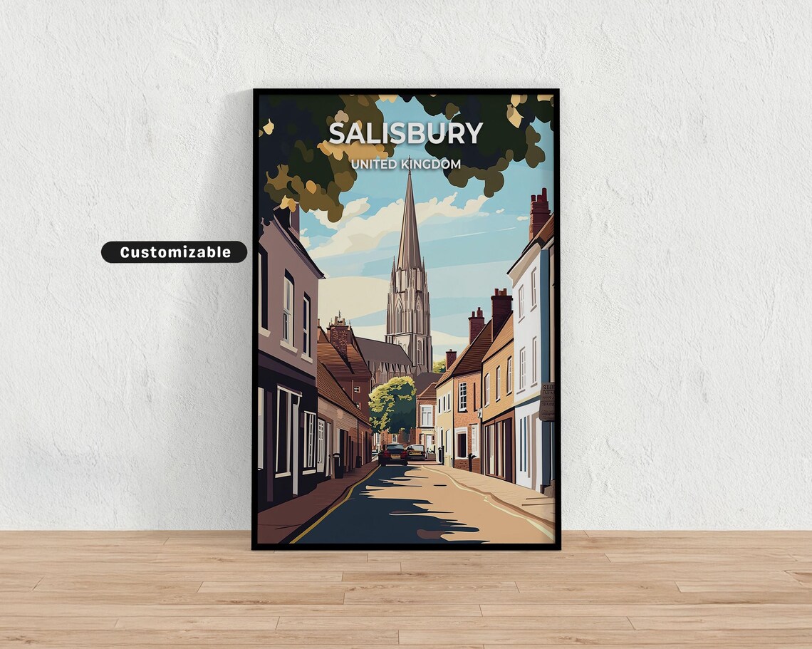 Salisbury United Kingdom Cathedral Street Scene Custom Travel Poster