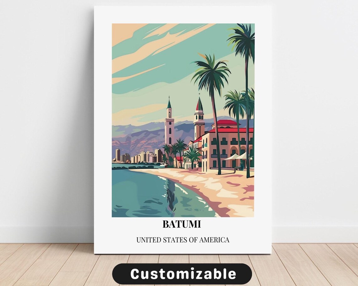 Batumi Beach Promenade Palm Trees Vintage Retro Travel Poster Art