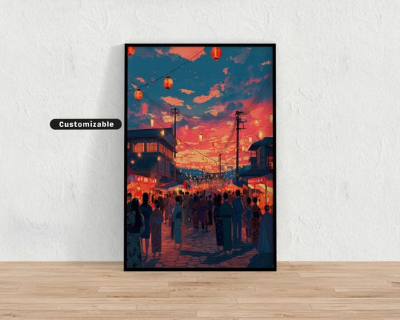Matsuri Festival Scene With Lanterns Music And Crowd In Yukata Japanese Wall Art Print Zen Asian Decor