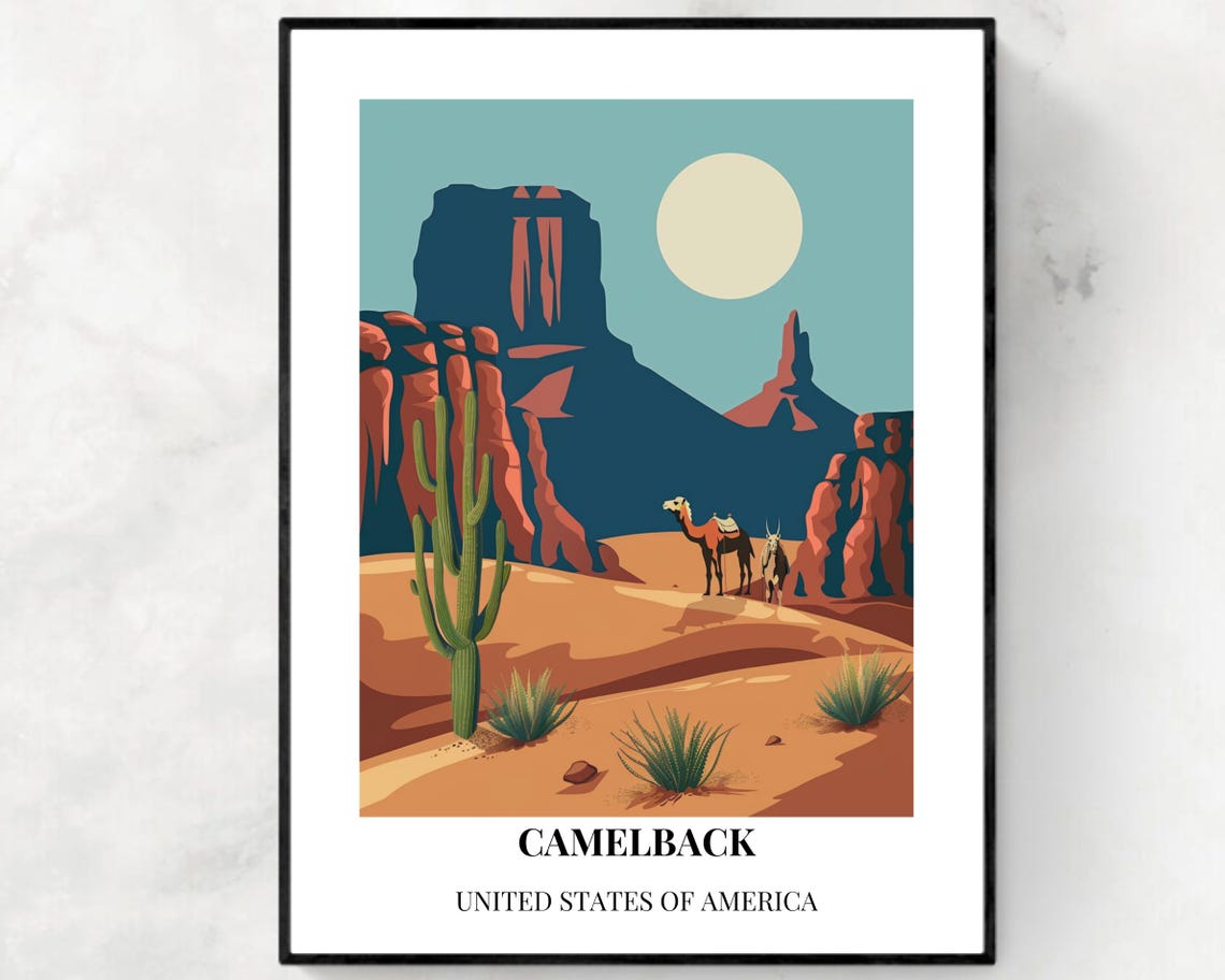 Camelback Moonlit Desert Camel Saguaro Cactus Arizona Travel Poster