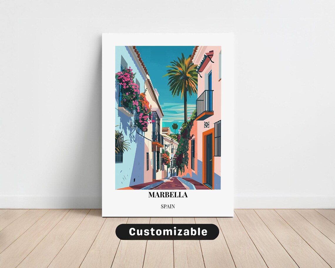 Marbella Spain Flower Street Palm Trees Old Town Vintage Travel Poster